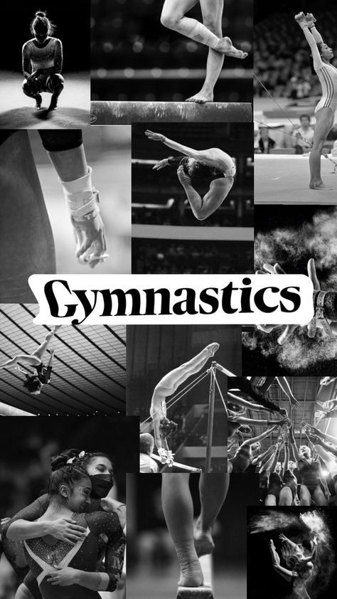 black and white photo collage with gymnastics images