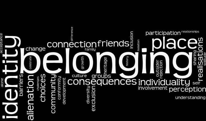 a black and white word cloud with the words belonging