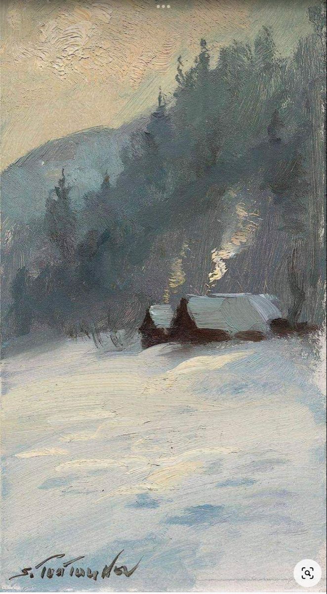 a painting of a house in the snow