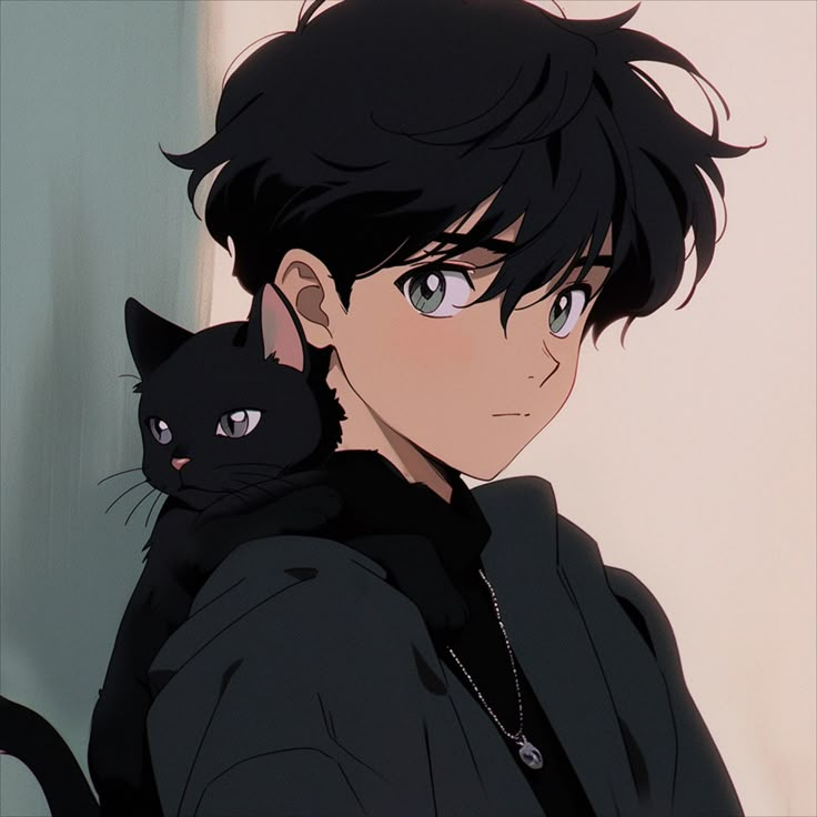 an anime character holding a black cat in his arms and looking off into the distance