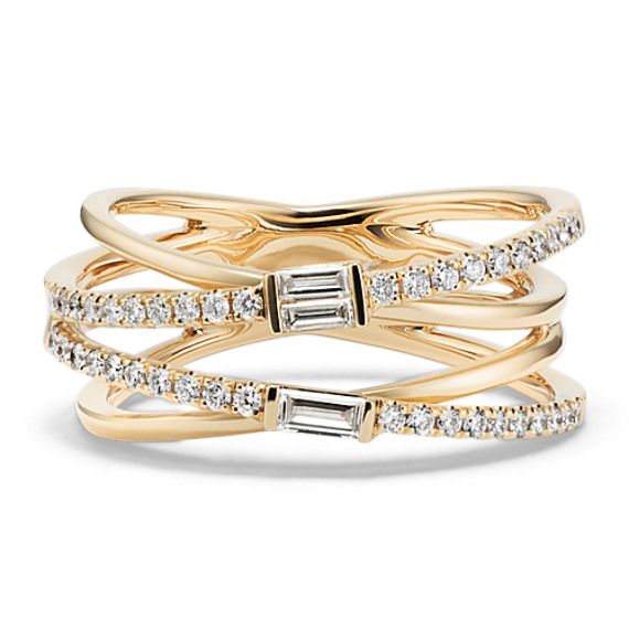 This gorgeous crossover ring offers the look of a full ring stack  with bands of 14-karat yellow gold and natural diamond pavé. It features baguette natural diamond accents where the bands intersect  giving it even more sparkle. High Jewelry Ring, Stock Design, European Market, Crossover Ring, Baguette Diamond Rings, Baguette Ring, Unique Diamond Rings, Gold Ring Designs, Ring Stack