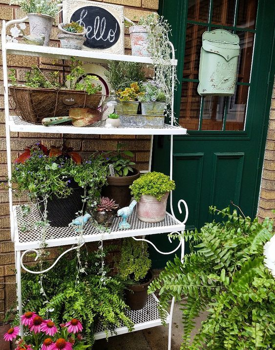 a white shelf filled with potted plants next to a green door