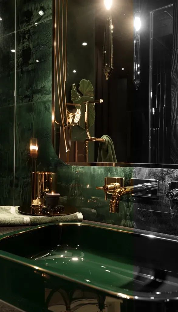 a green sink in front of a large mirror with candles on the counter and lights above it