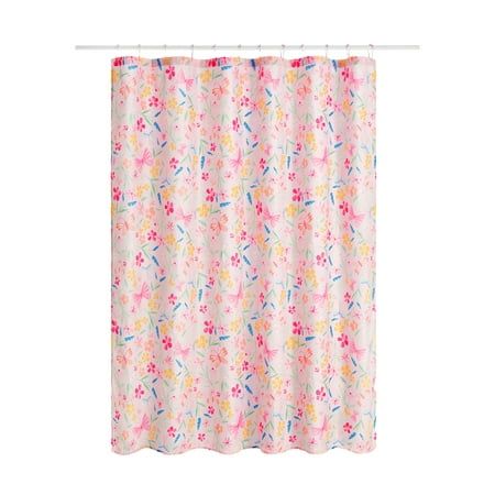 a shower curtain with pink and blue flowers on the outside, in front of a white background