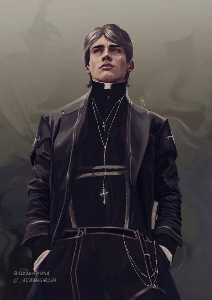 a drawing of a man wearing a black outfit and holding a cross in his hand