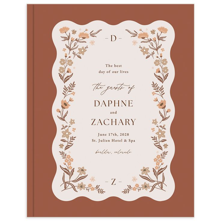 Garden flowers frame you and your beloved’s names and wedding details on this charming guest book. Set within an old-fashioned scalloped edge the floral border is reminiscent of vintage embroidery. Your personalized details are styled in a serif font, with a touch of sweeping script.

This book has a casebound cover with matte lamination, and 100 blank pages (50 sheets) of 70# opaque text paper. Includes a 0.25" white grosgrain bookmark ribbon. Old Wedding Invitations, Embroidery Garden, Bookmark Ribbon, S Names, Flora Garden, Flowers Frame, Garden Border, Stationery Inspiration, Wedding 2025