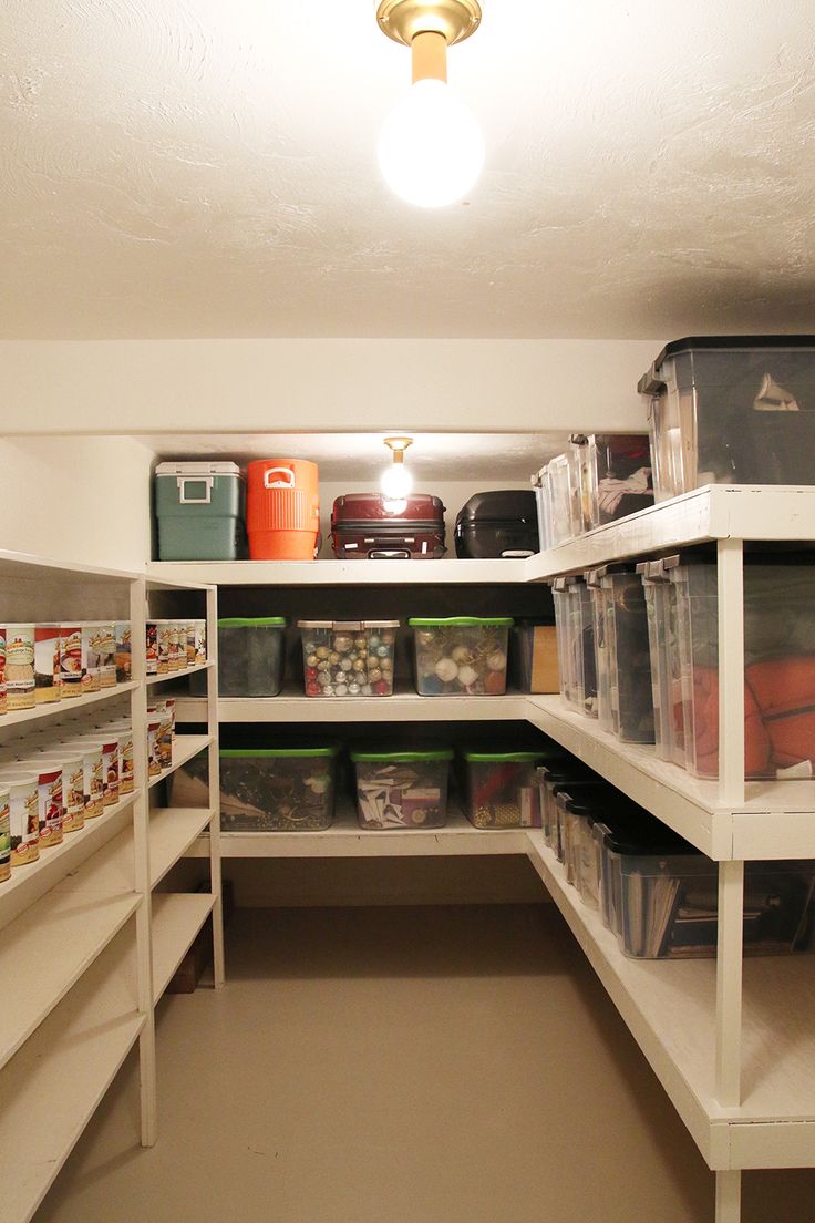 an organized pantry with shelves and bins full of food