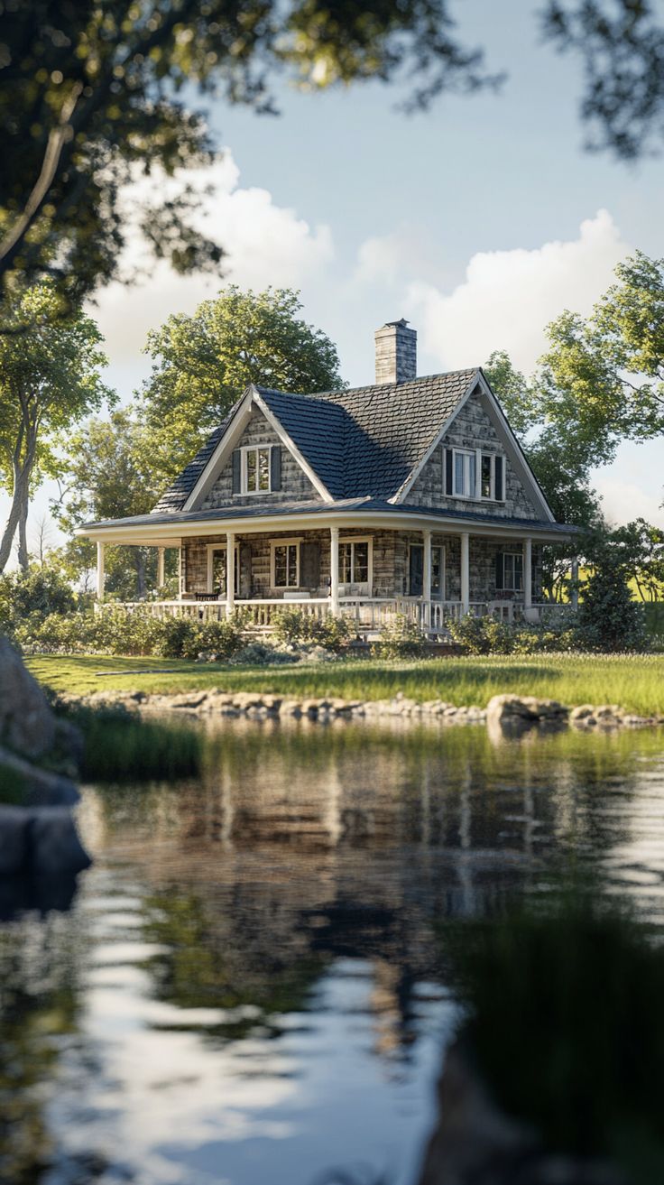 a large house sitting on top of a lush green field next to a body of water