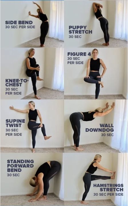 a woman is doing yoga poses with her hands in the air and one leg up