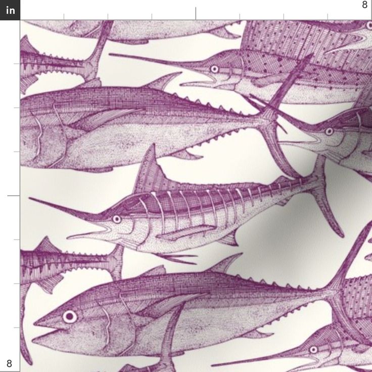 a group of fish on a white background with purple lines in the bottom right corner