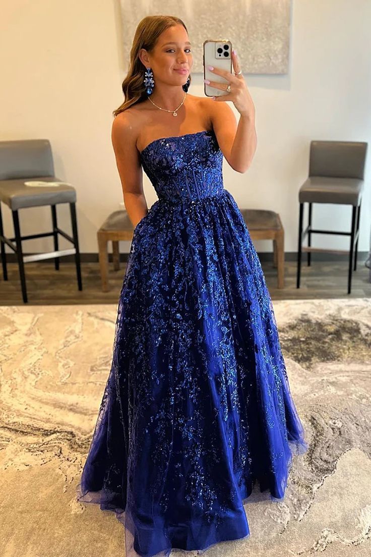 Zara |A-line Sequined Lace Long Prom Dress with Pockets Prom Dress With Pockets, A Line Evening Dress, Prom Dresses With Pockets, Tulle Evening Dress, Marine Uniform, Blue Evening Dresses, Blue Tulle, فستان سهرة, Prom Dresses Lace