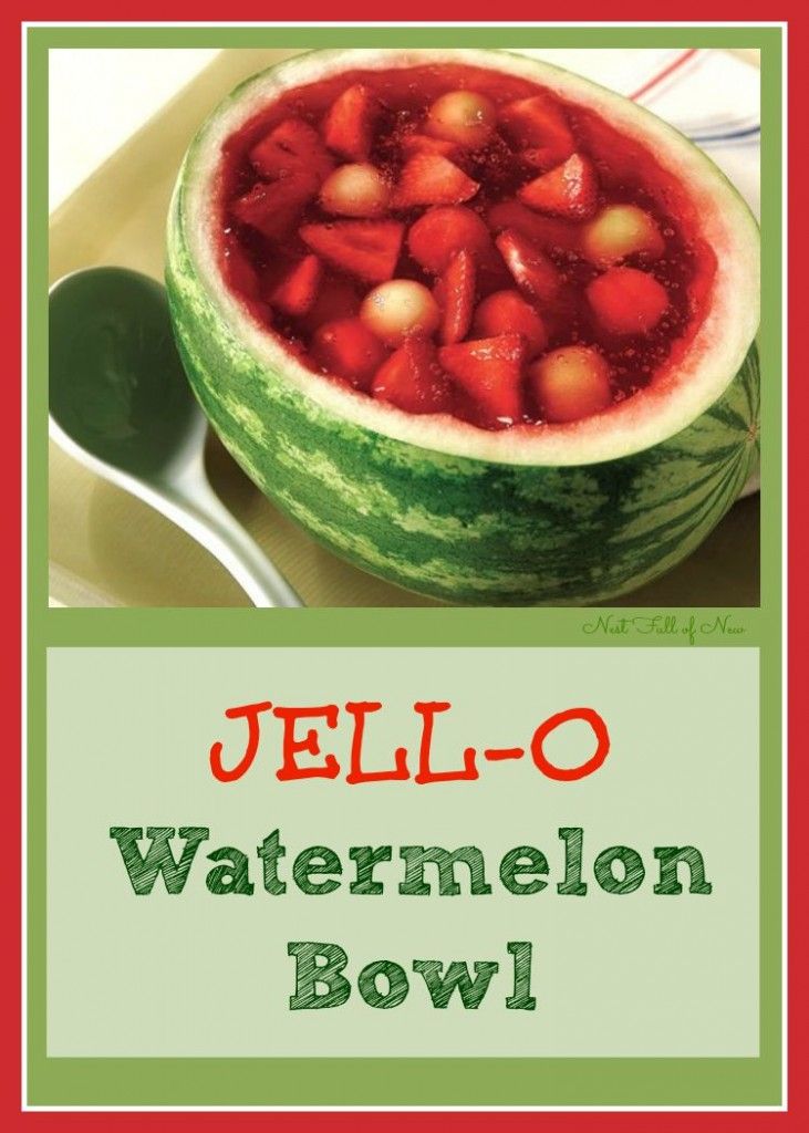 a watermelon bowl with strawberries in it and the words jello - o written