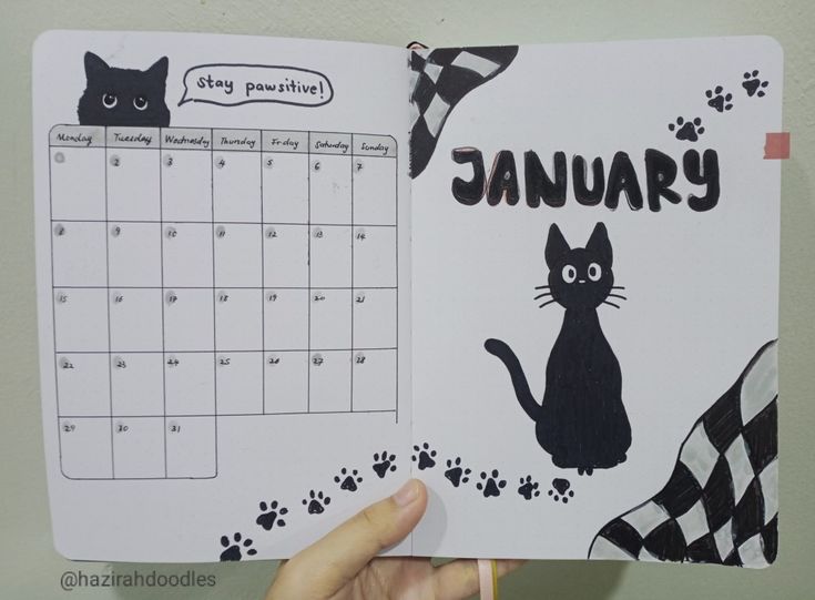 a hand holding up a calendar with black cats on it and the date is january