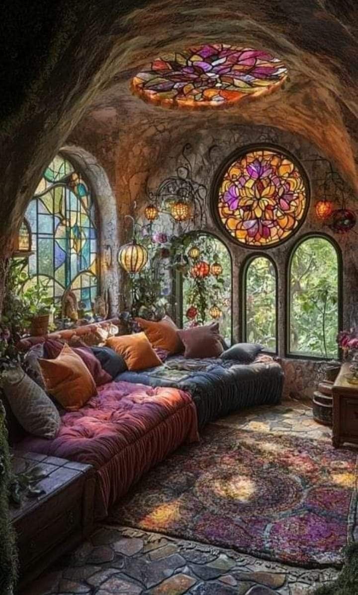 a living room filled with lots of furniture next to a large stained glass window on the wall