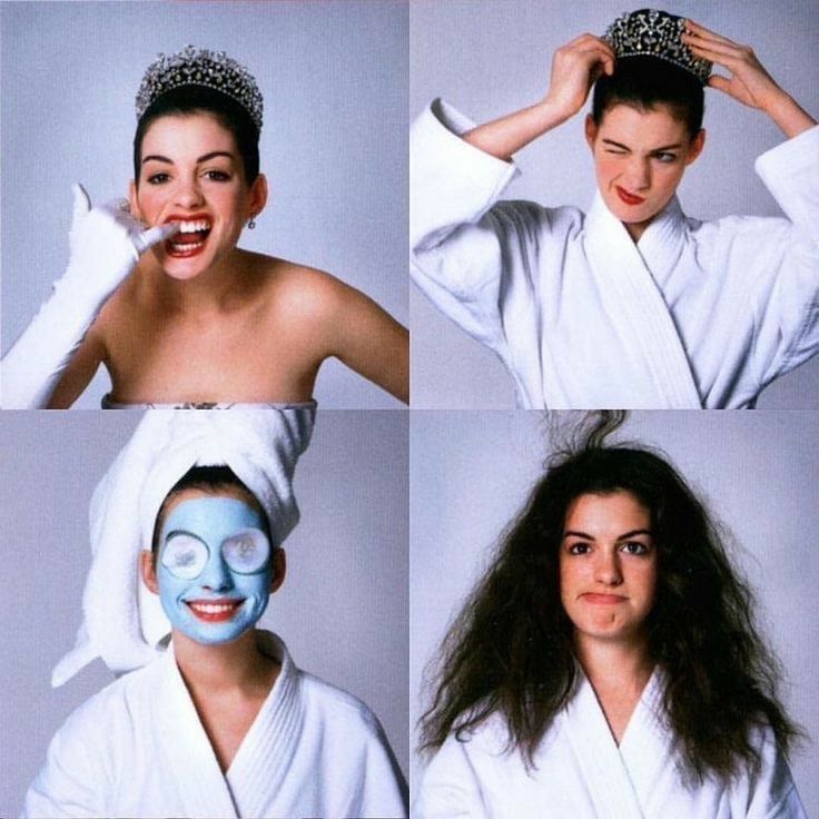 four pictures of a woman with blue face paint and a towel wrapped around her head