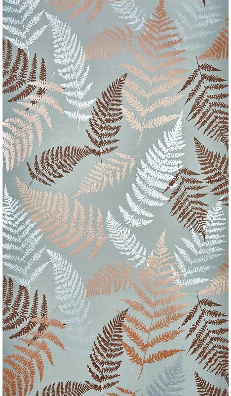 an area rug with leaves on it in grey and orange colors, including one large fern leaf