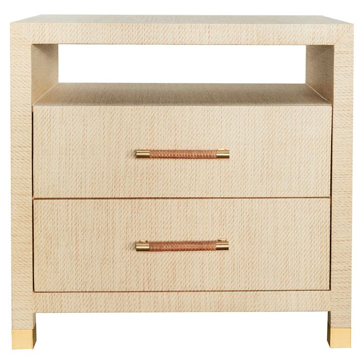 the two drawers are made from wood and have gold handles on each drawer, which is also available for storage