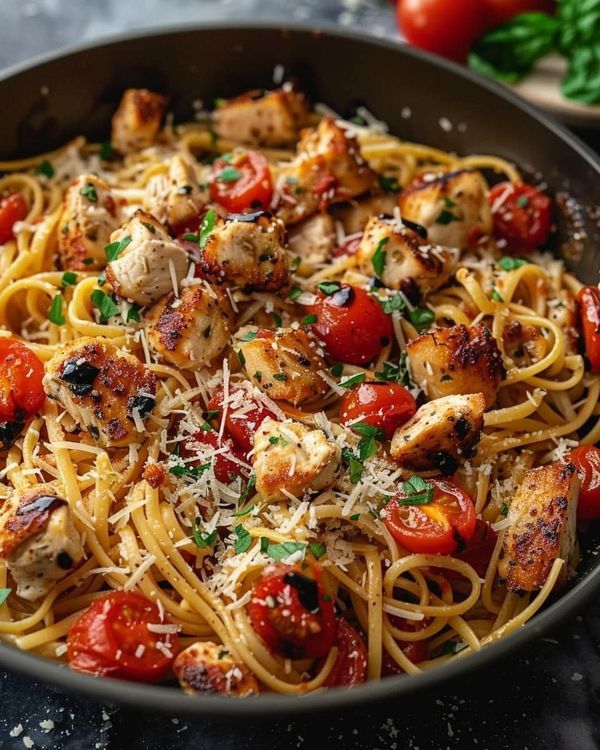 pasta with chicken, tomatoes and parmesan cheese in a pan on a table