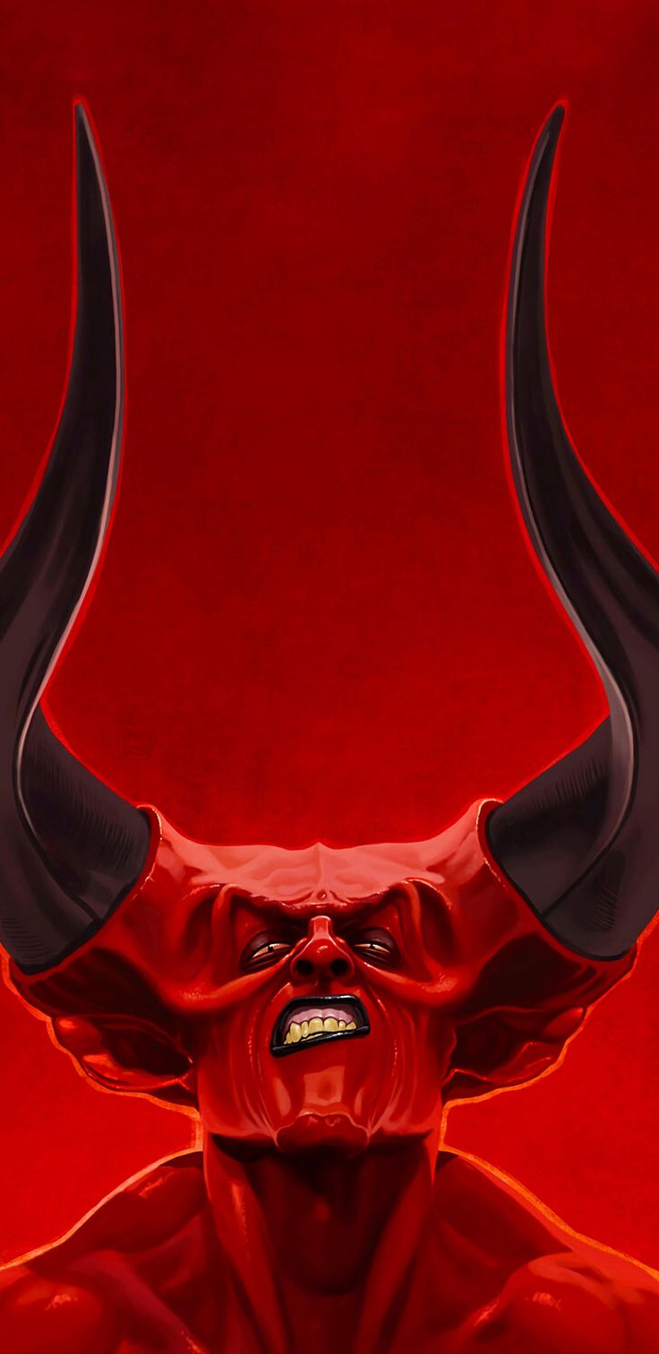 a painting of a demon with large horns on his head and red skin, in front of a red background