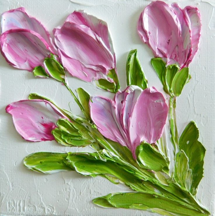 a painting of pink flowers with green leaves