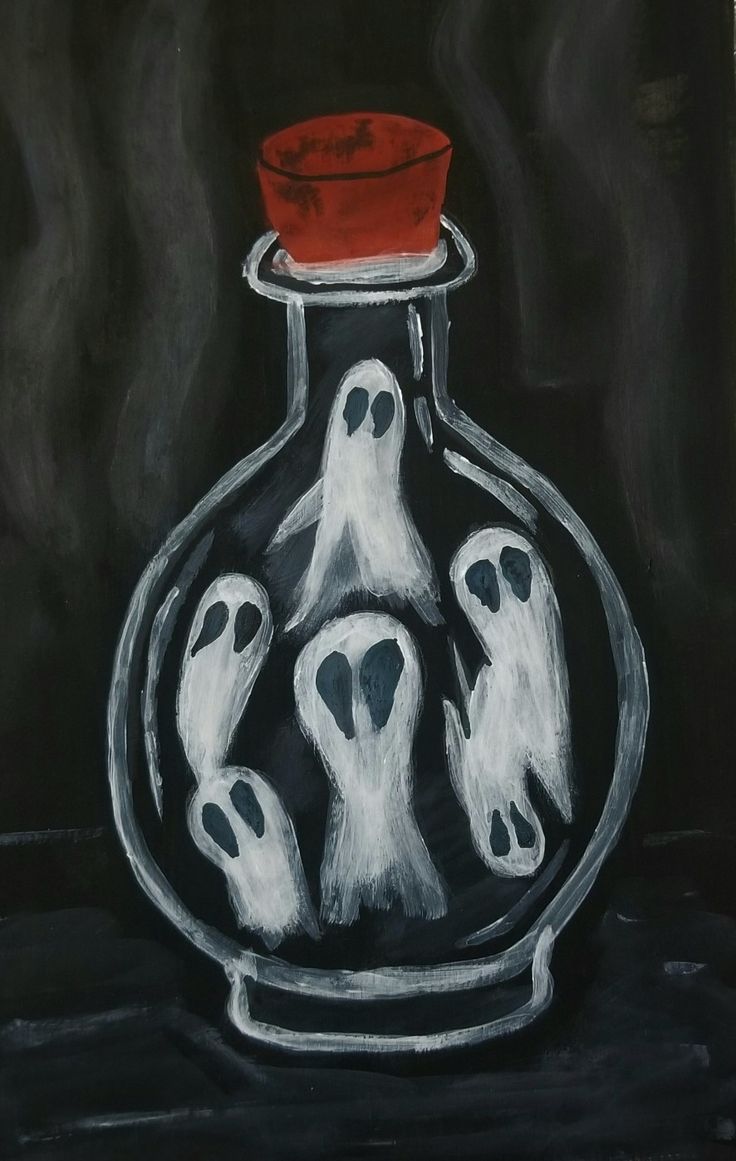 a painting of three ghost figures in a bottle with a red top on black background