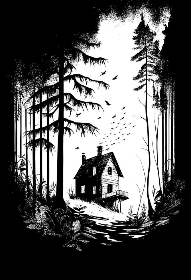 a black and white drawing of a cabin in the woods