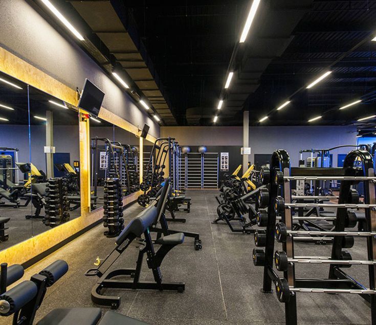 a gym with rows of exercise equipment and mirrors in the wall behind it is lit by recessed lights