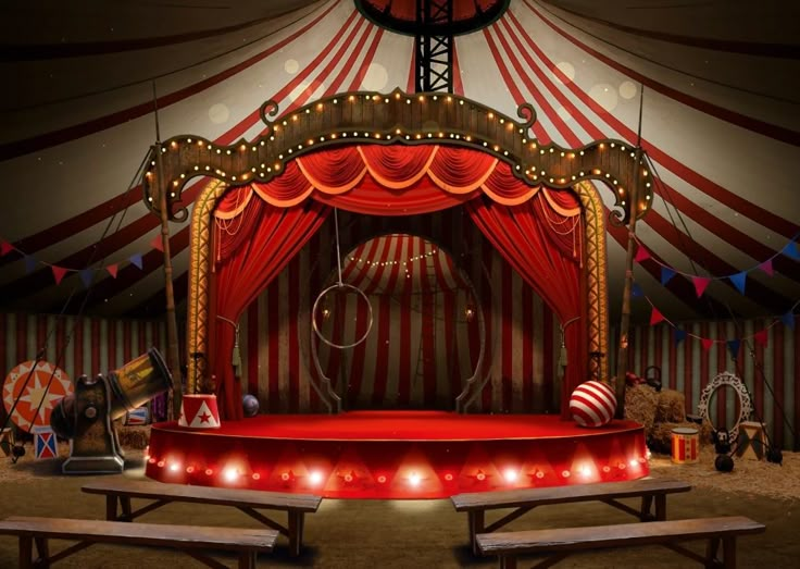 a circus tent with red and white striped walls, lights on the ceiling and benches