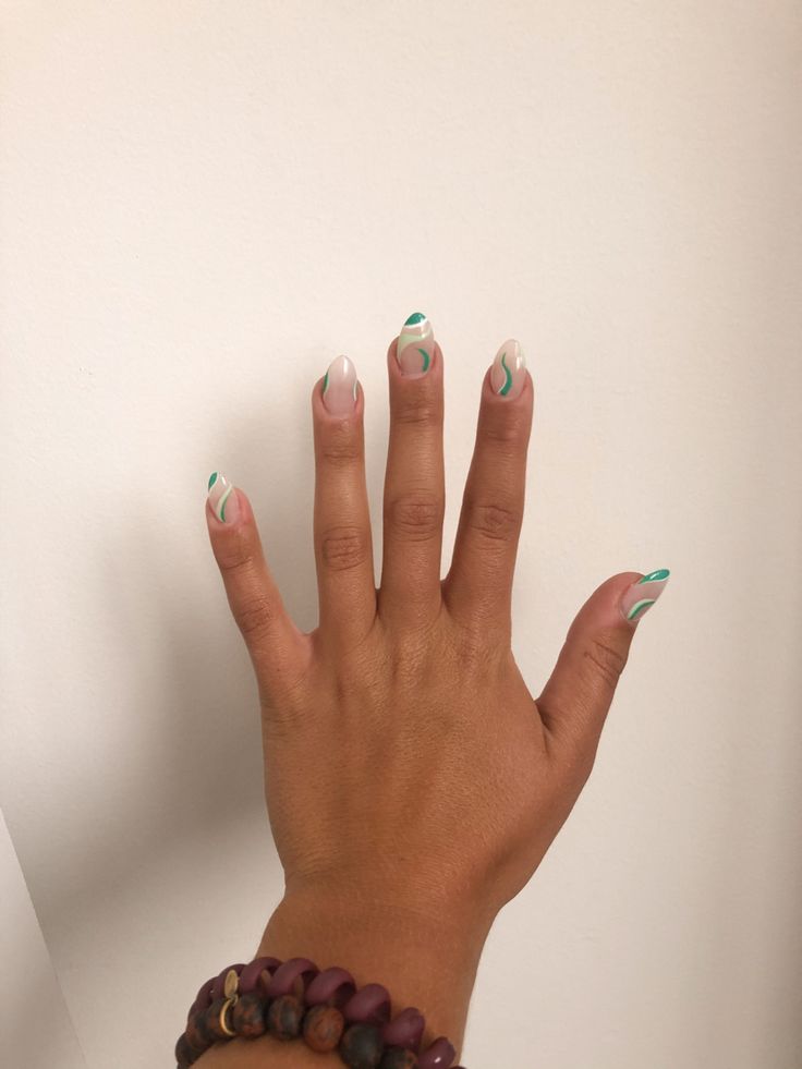 Nails With Green Accent, Dark And Light Green Nails, Dark Green And White Nails, Green Swirl Nails, Light Green Nails Designs, White And Green Nails, Green And White Nails, Green Tips, Green Nail Designs