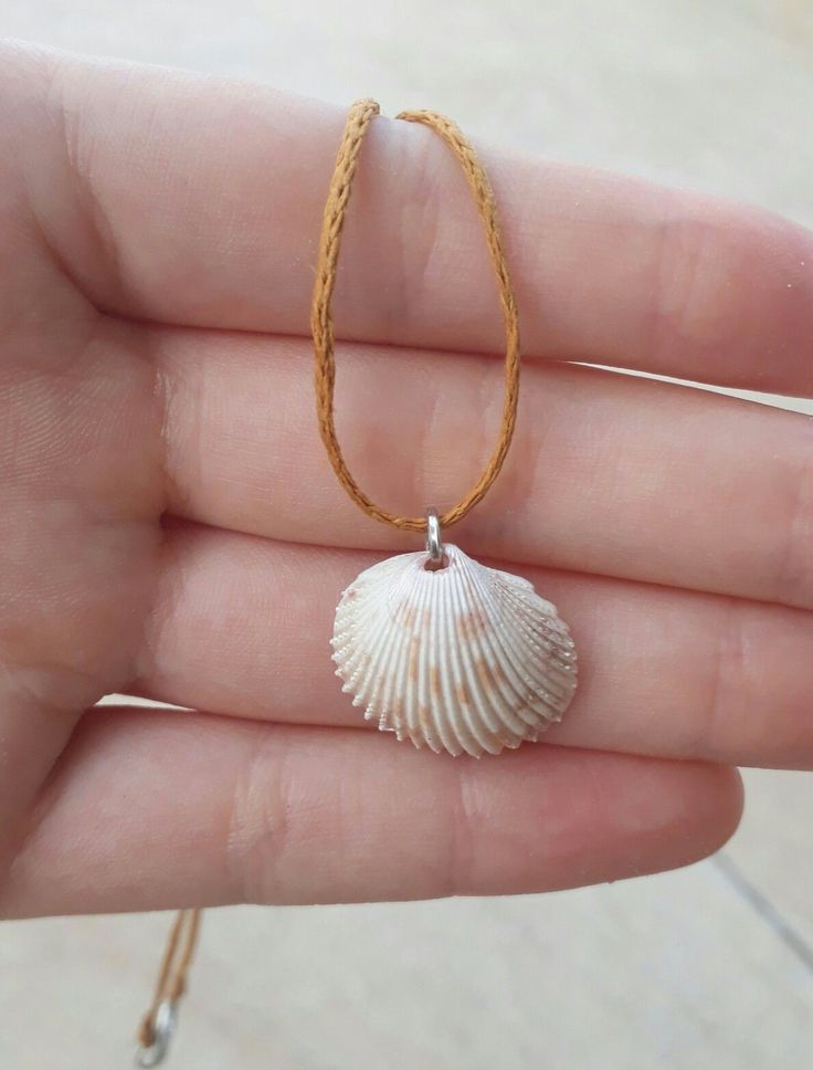 a hand holding a small white shell on a string