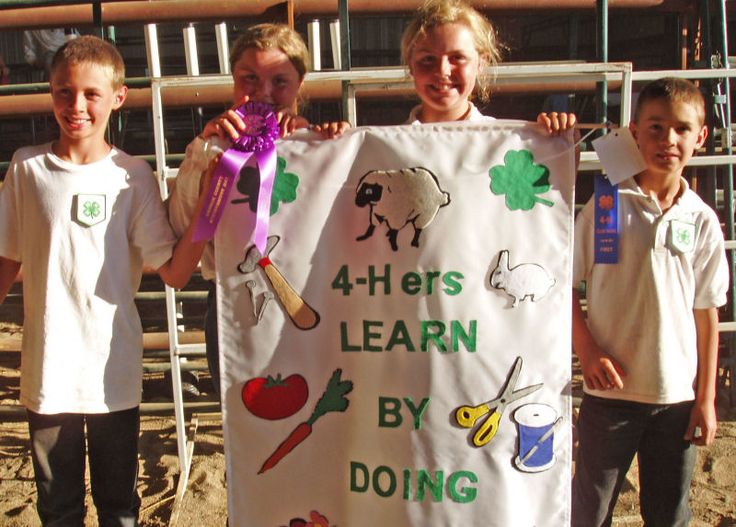 three children holding up a banner that says 4 - h's learn by doing