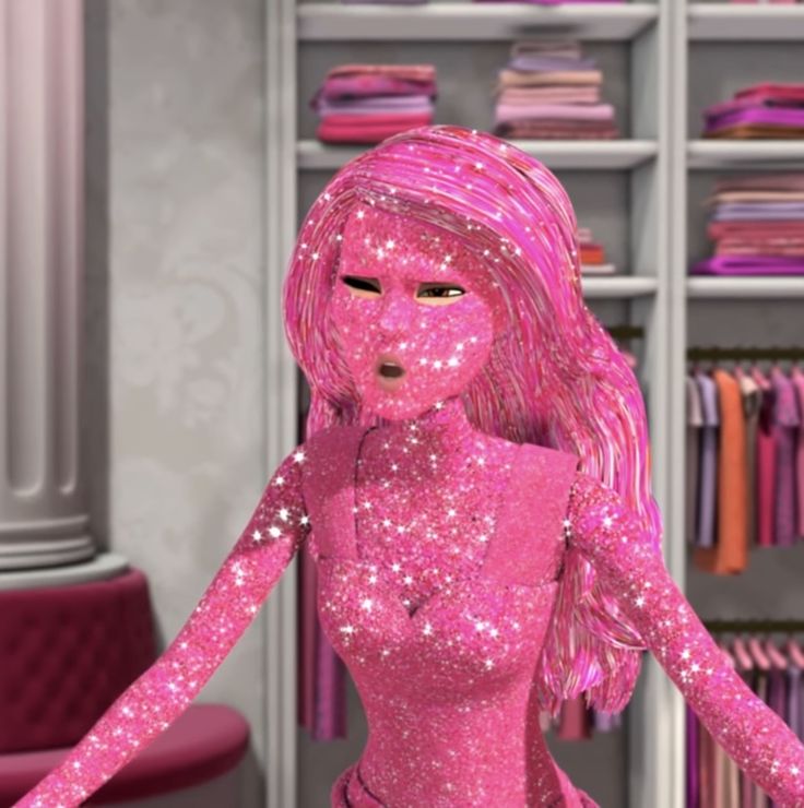 a pink doll is standing in front of a closet