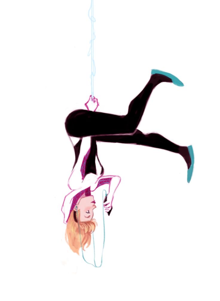 a drawing of a woman hanging upside down on a rope with her legs spread out