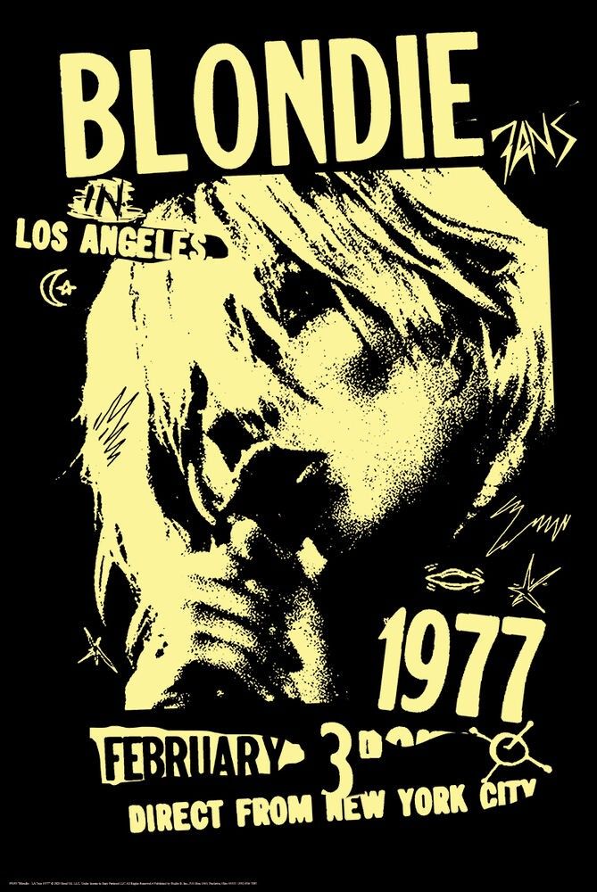 blondie concert poster from 1971 with the band's name in yellow on black