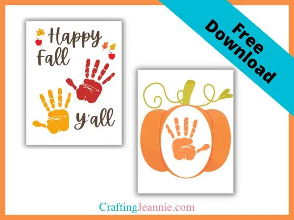 two pumpkins and hand prints with the words happy fall y'all