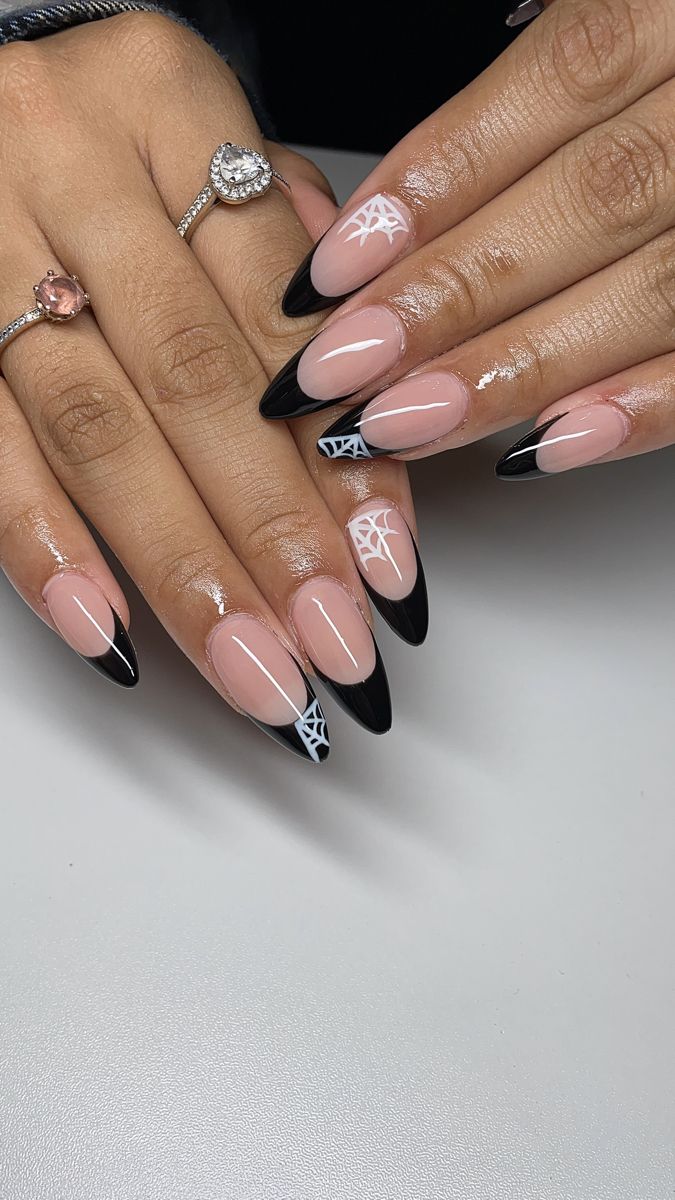 Almond Nails Ideas Halloween, Almond Nails For Halloween, Spooky Mail Ideas, Black Almond Halloween Nails, Halloween Nail Ideas Almond, Black Halloween French Tip Nails, Halloween Nail Ideas Almond Shape, Almond Nail Halloween Designs, October Nail Inspo Almond