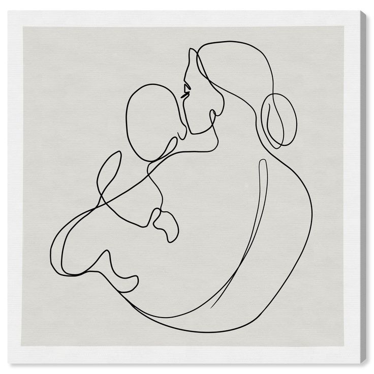 a black and white line drawing of a woman holding a baby in her arms, with one hand