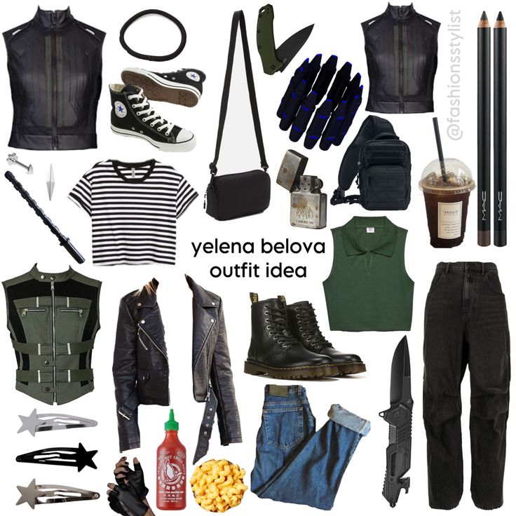 a collage of clothes and accessories with the words yeena belovo outfit idea