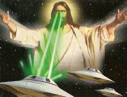 an image of jesus surrounded by space shuttles in the sky with green light coming from his hands