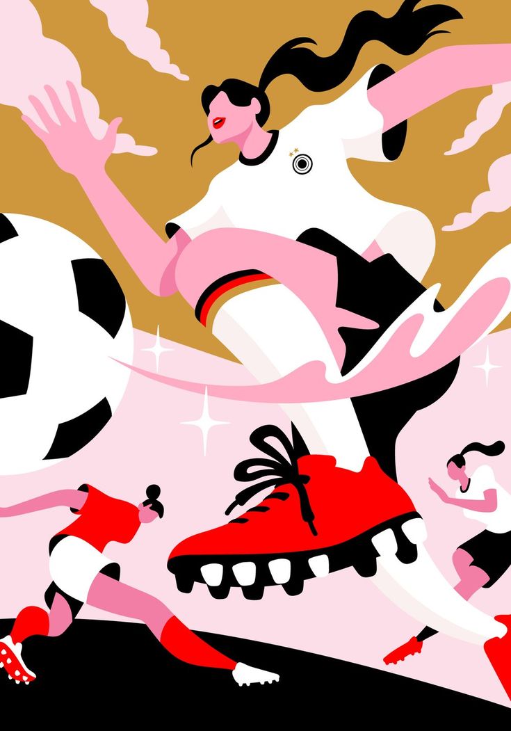 a painting of a woman kicking a soccer ball