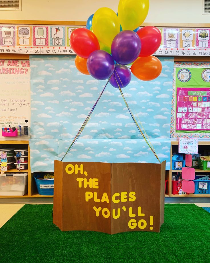 an open book with balloons attached to it that says oh, the places you'll go