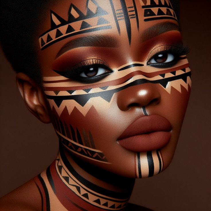 African Themed Makeup, Nigerian Face Paint, Juneteenth Makeup, Juneteenth Makeup Looks, African Face Paint Dots, Albino Aesthetic, West African Makeup, South African Face Paint, African Warrior Face Paint