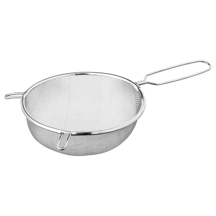 a stainless steel strainer on a white background