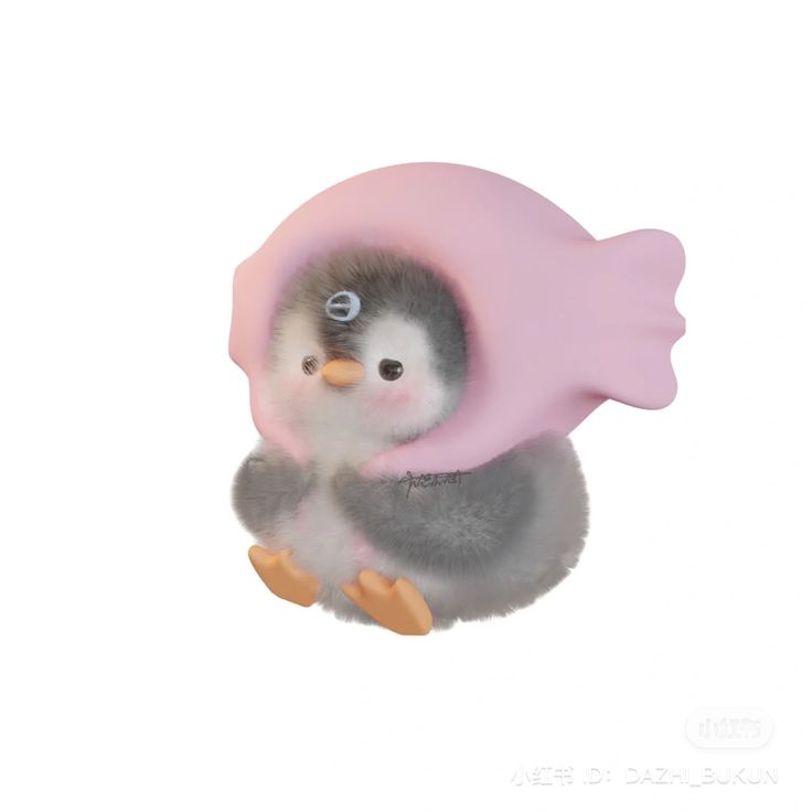 a small toy penguin with a pink umbrella on its back and feet in the shape of a fish