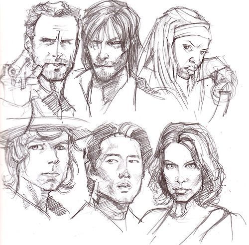 some sketches of people with different facial expressions and hair styles, one is looking at the camera