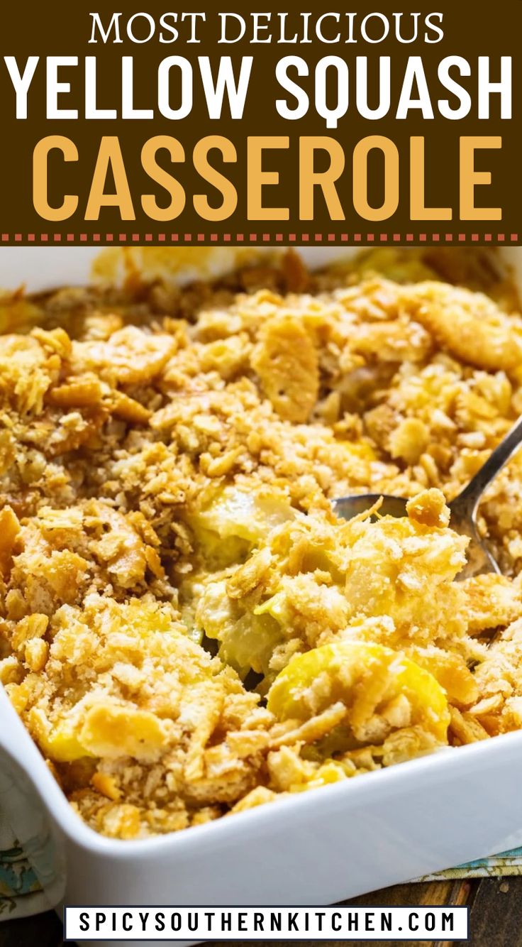 a casserole dish filled with yellow squash and topped with crumbled cheese