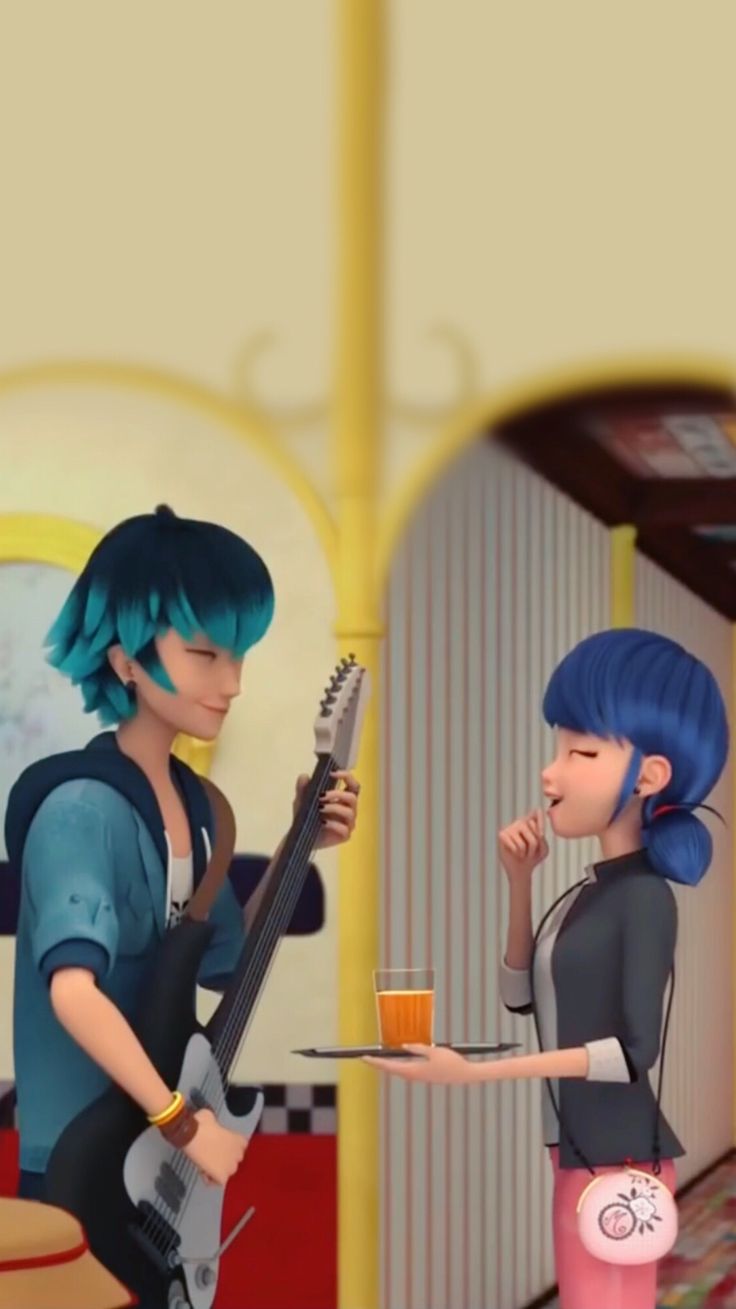 two cartoon characters are talking to each other while holding guitars and drinking orange juices