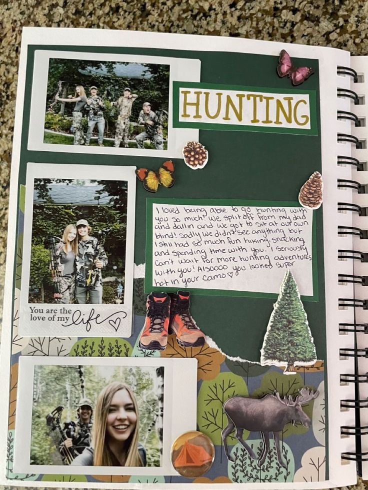 a page in a scrapbook with pictures and words on it, including trees, deers, pine cones, and other things