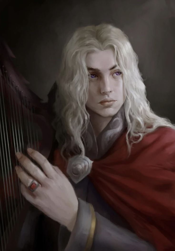 a painting of a man with long white hair wearing a red cape and holding a harp