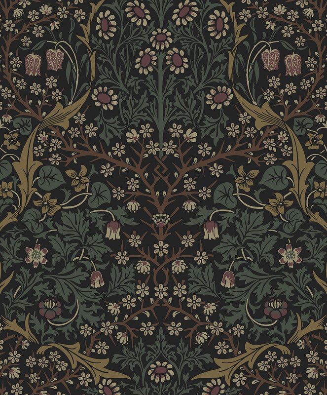 an intricately designed wallpaper with flowers and leaves in dark green, brown and pink colors